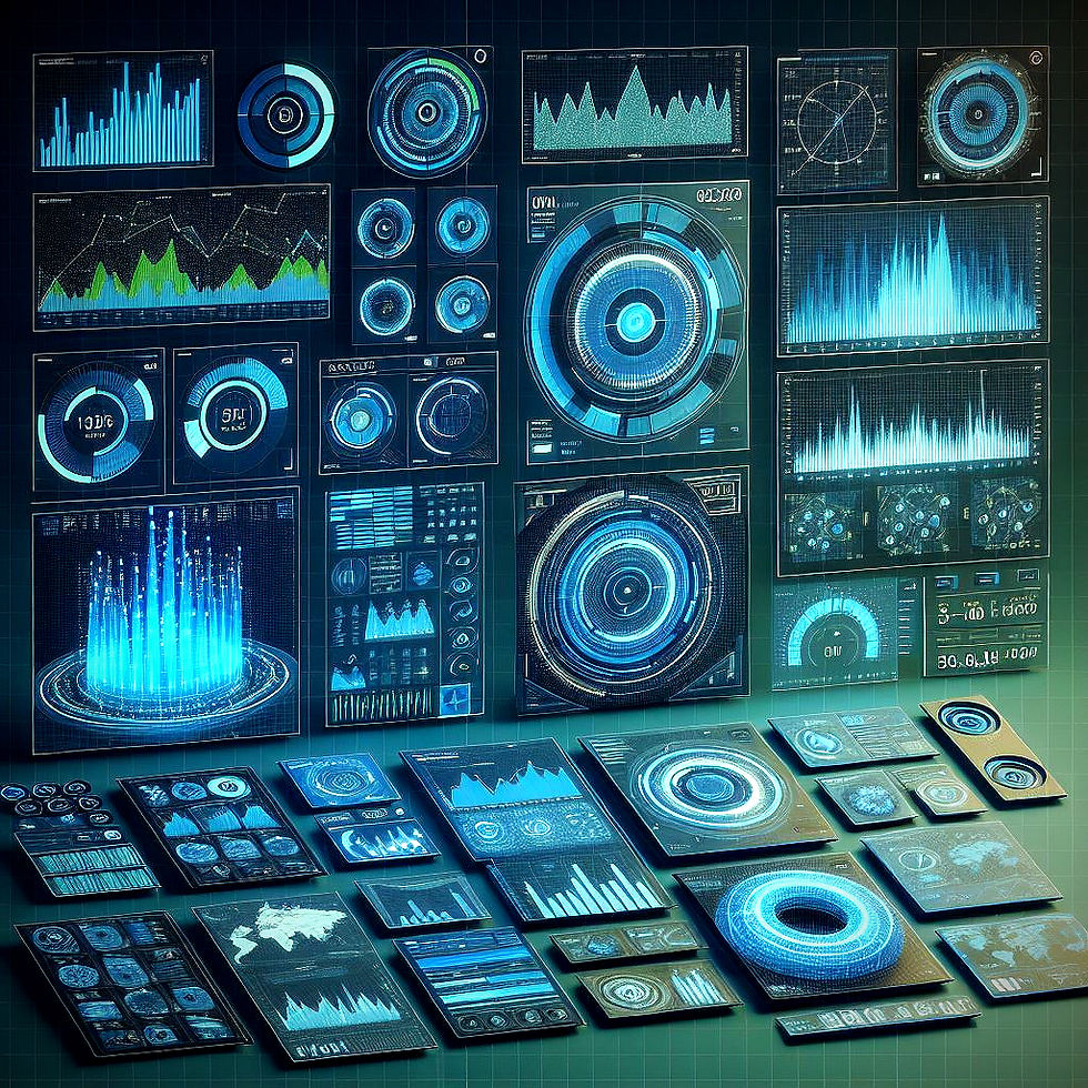 Futuristic interface with blue holographic charts, graphs, and circular displays on a grid background, conveying a high-tech atmosphere.