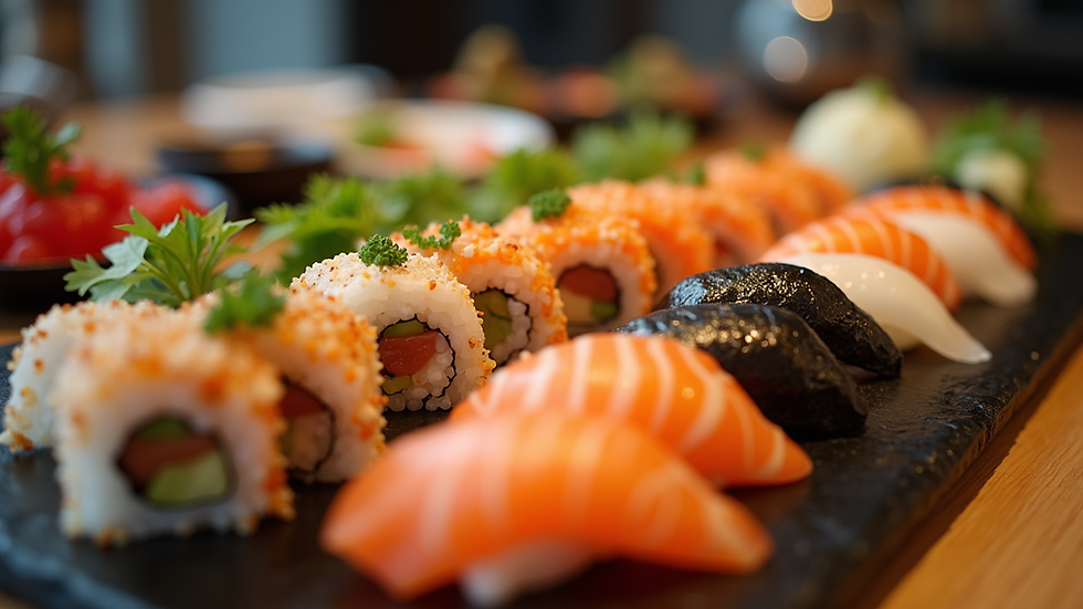 Eye-level view of sushi platter with colourful rolls and fresh ingredients
