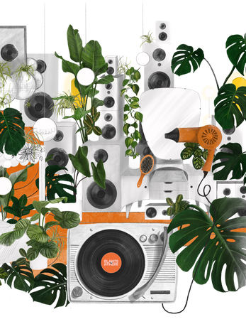 Design concept illustration by Hazel Hayward for the RHS Chelsea flower show. The design was for the houseplant section and is called 'verdant visions'. Featuring a bright retro design inspired by the music filled 70s with nostalgic emblems like a record player, hairdryer and lots of vibrant familiar houseplants.