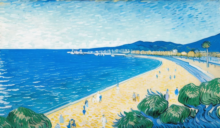 AIGC-la Baie des Anges à Nice avec le ciel bleu, la mer bleue, les palmiers le long du lit