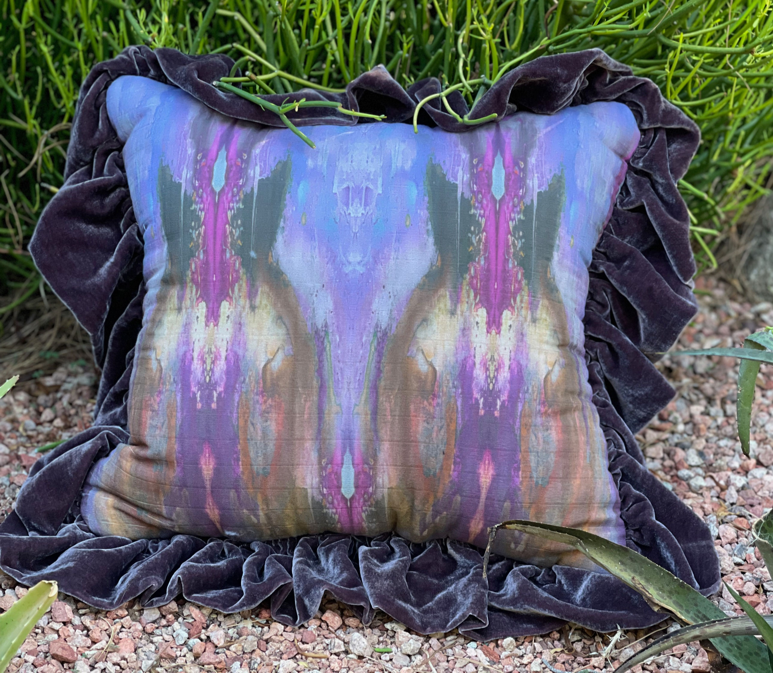 Gauze Single Ruffle Bubbe Pillow-Eggplant silk velvet ruffle  Depths of Heaven