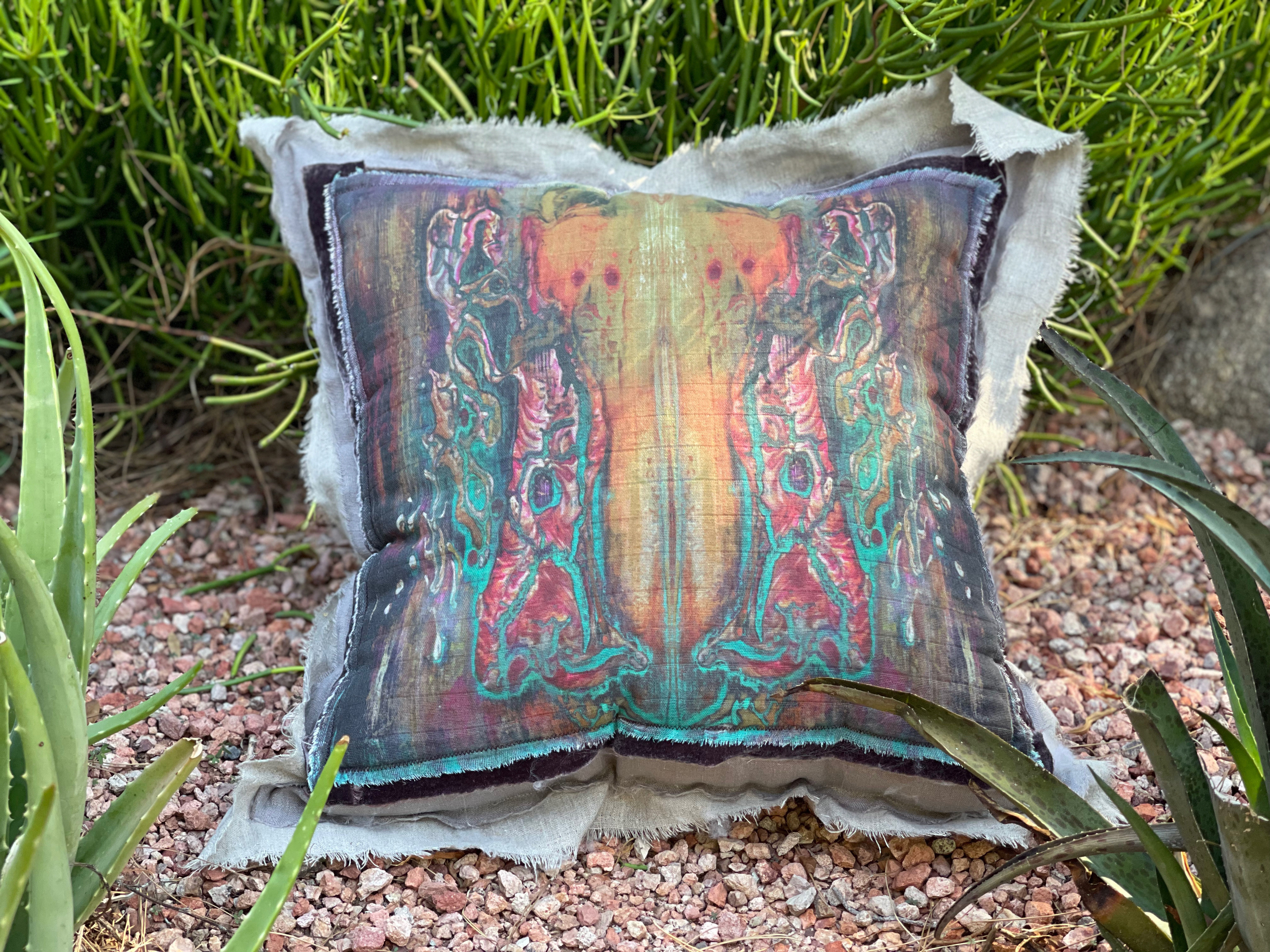 Gauze and Linen Spirit Pillow with silk velvet accent Opulent Garden