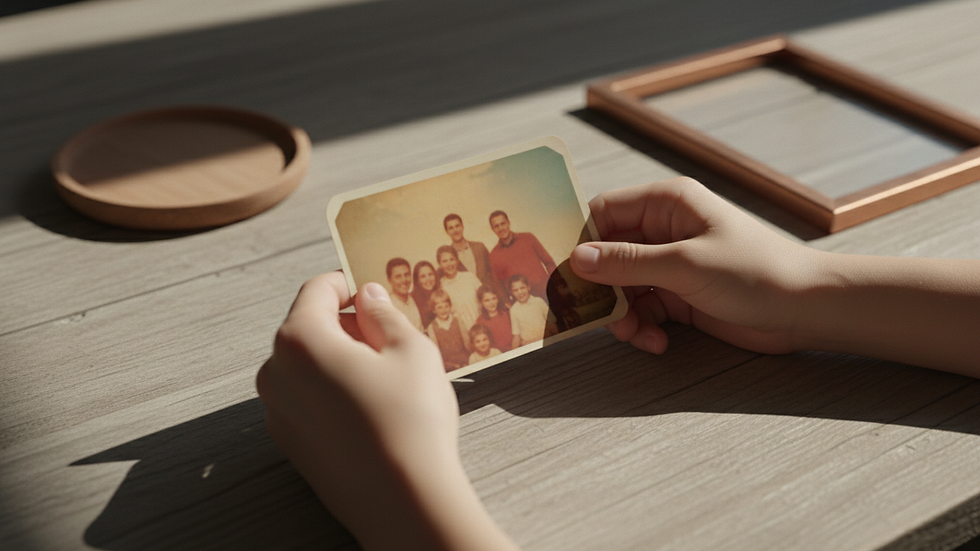Close-up view of hands holding a family photo on a wooden table