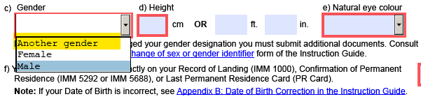 A Lesbian’s Adventure Across Canada’s Uncivil Service: Example "Gender" selection drop-down menu, from Immigration, Refugees, and Citizenship Canada, Application for Canadian Citizenship
