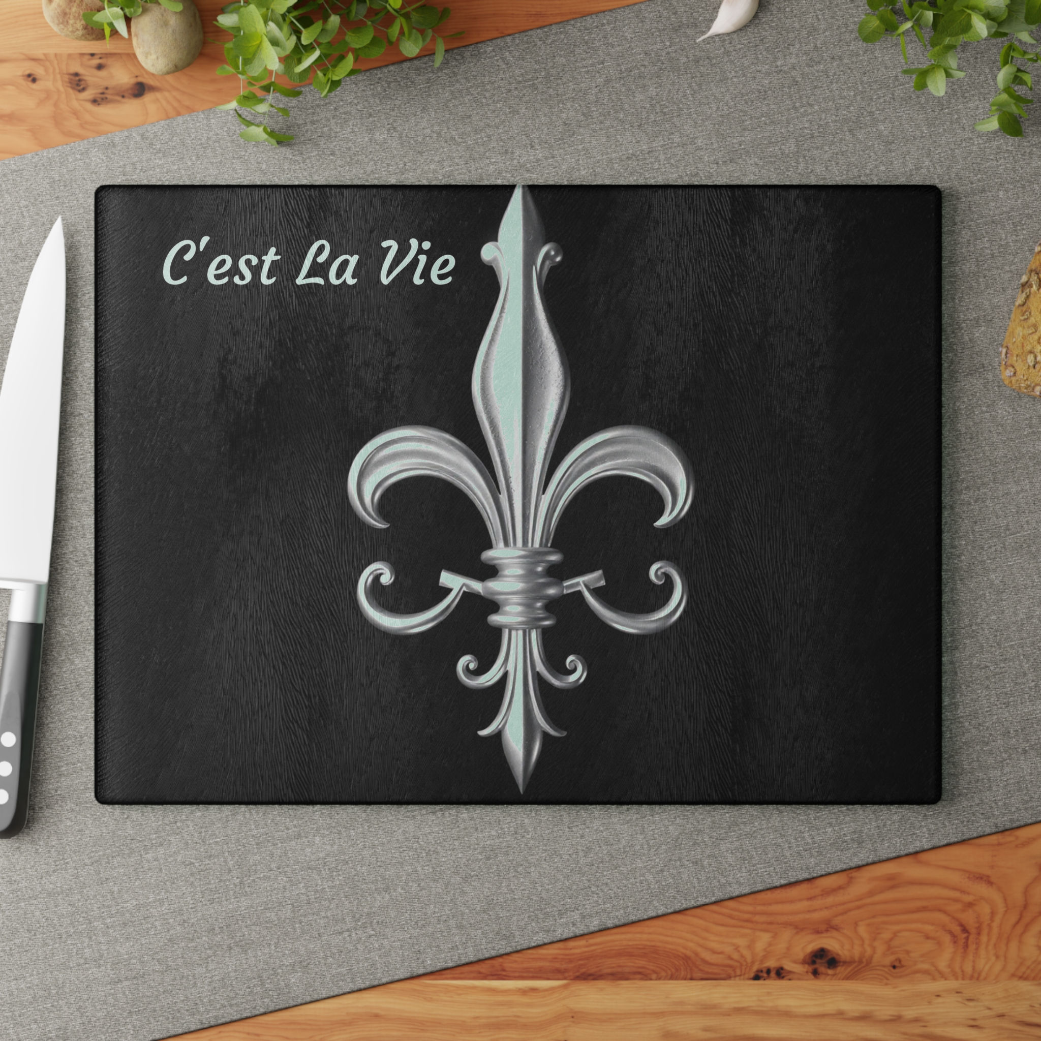 C'est La Vie, Fleur De Lis Custom Glass Cutting Board