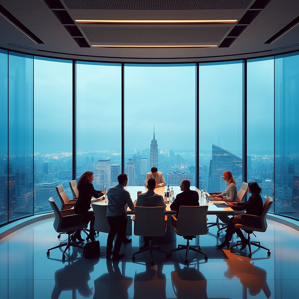 sophisticated boardroom with professionals in cold blue light with a cityscape in the window.jpg