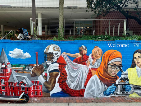 Murals welcoming Georgia Tech students in front of Skiles Building