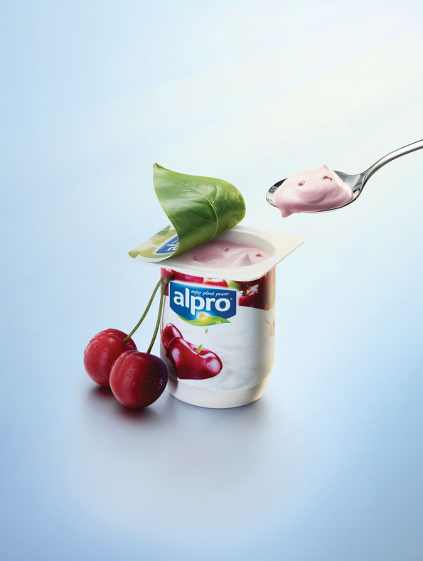 Alpro plant-based-yoghurt pot with leaf as lid