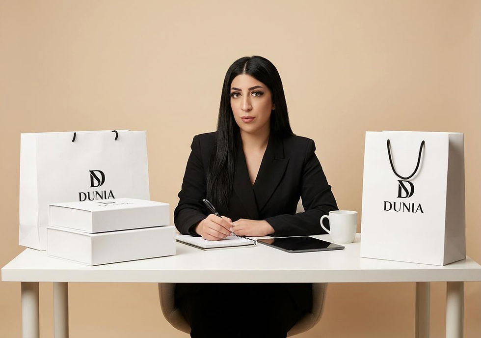 DUNIA packaging shot in black-and-white, editorial feel, landscape.