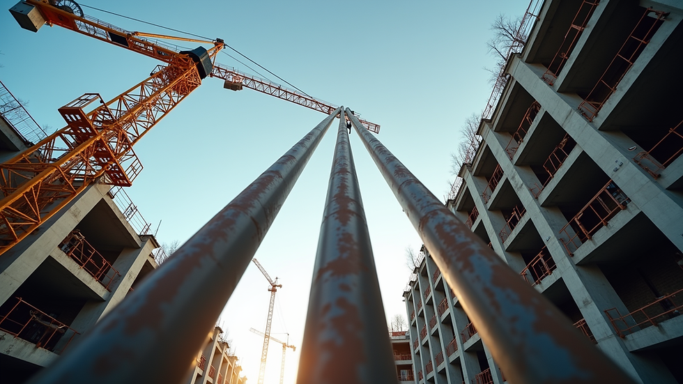 Eye-level view of steel beams being lifted by a crane on a construction site
