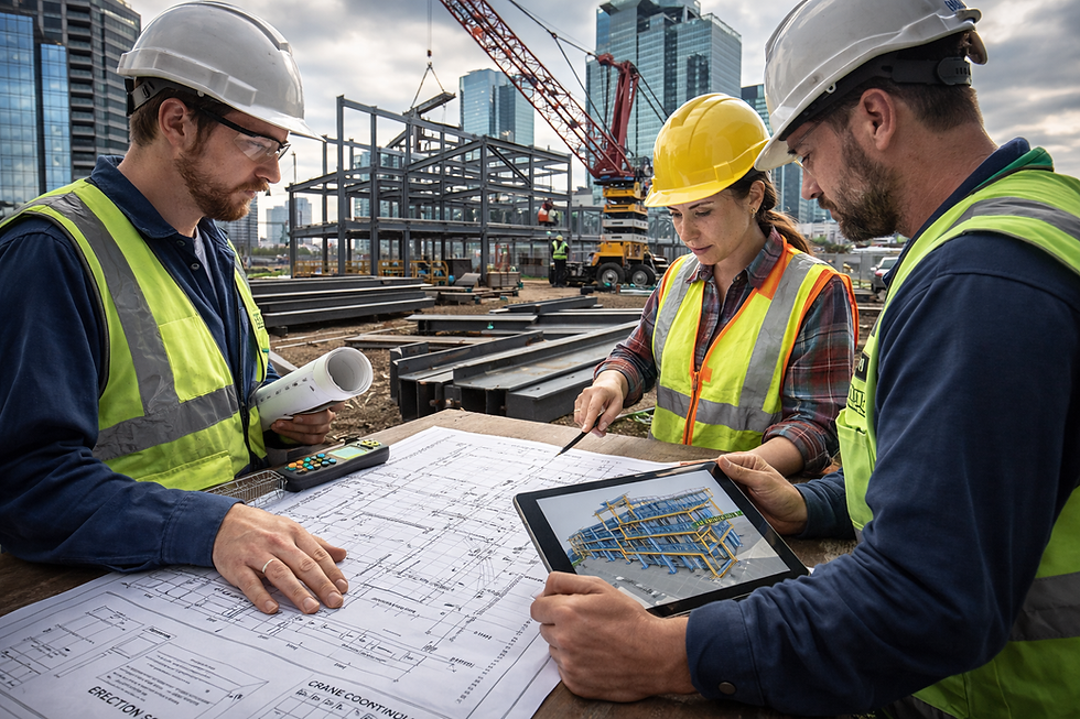 Steel framework planning at construction site