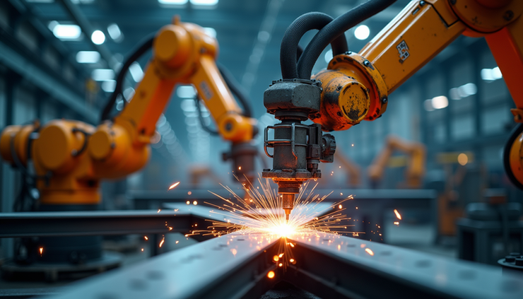 High angle view of a steel fabrication shop with robotic welding machines