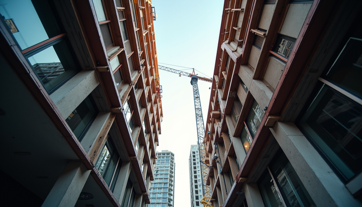 Eye-level view of steel beams being installed on a multi-storey building in Kelowna
