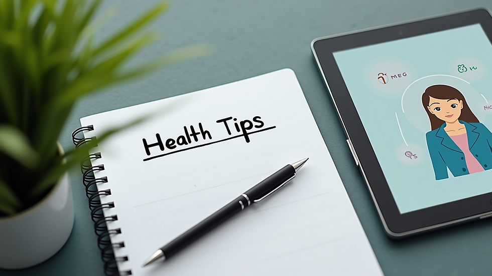 High angle view of a notebook and pen next to a tablet showing health tips