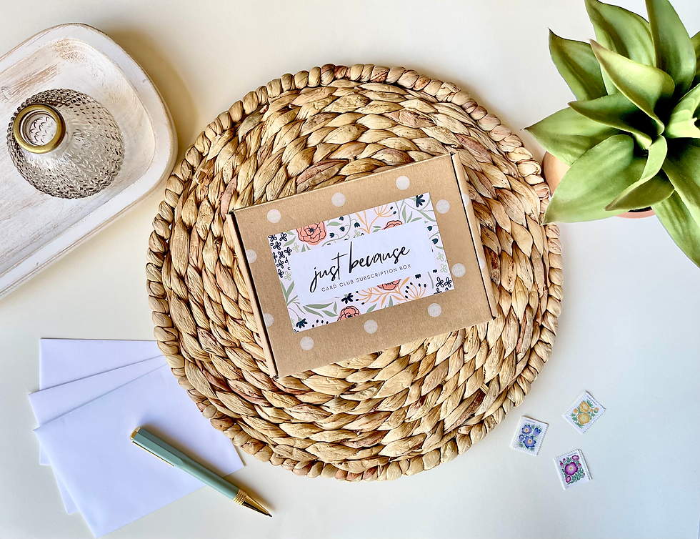 Subscription box on grass riser surrounded by plant and office supplies.