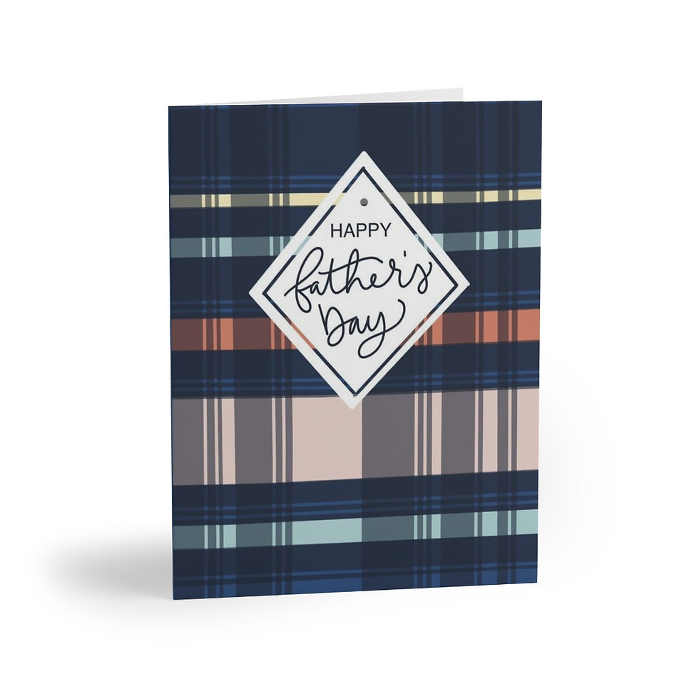 Blue father's day card with plaid pattern and 'happy father's day' message on white background.