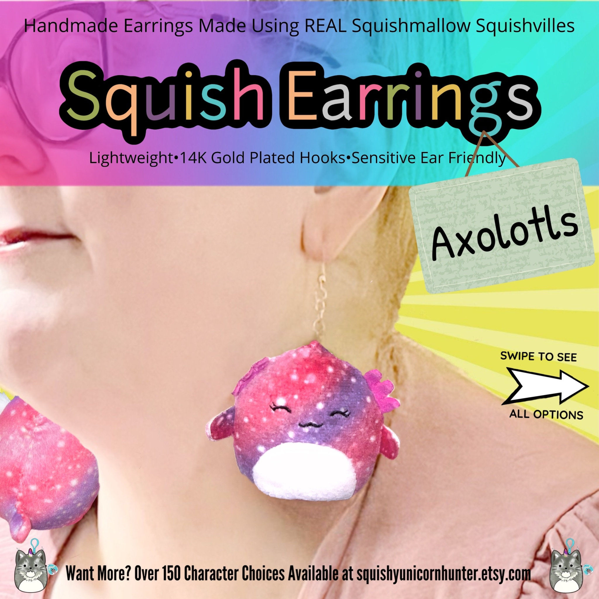 Updated! AXOLOTL Squishmallow Earrings - 2” Squishville Earrings - Real
