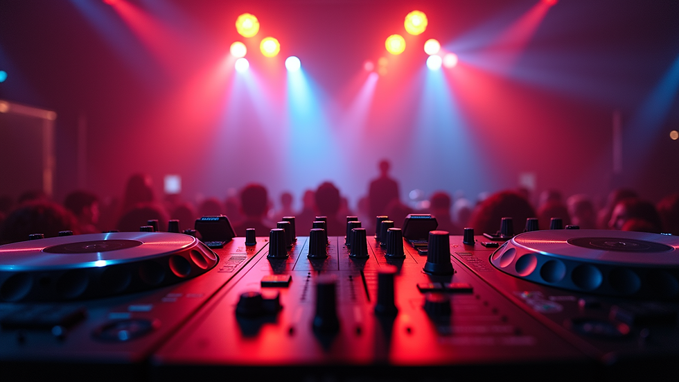 Eye-level view of a DJ booth with colorful lighting effects