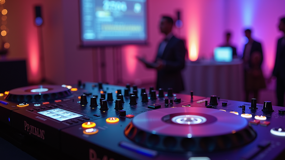 Eye-level view of DJ booth with professional sound equipment at a wedding reception