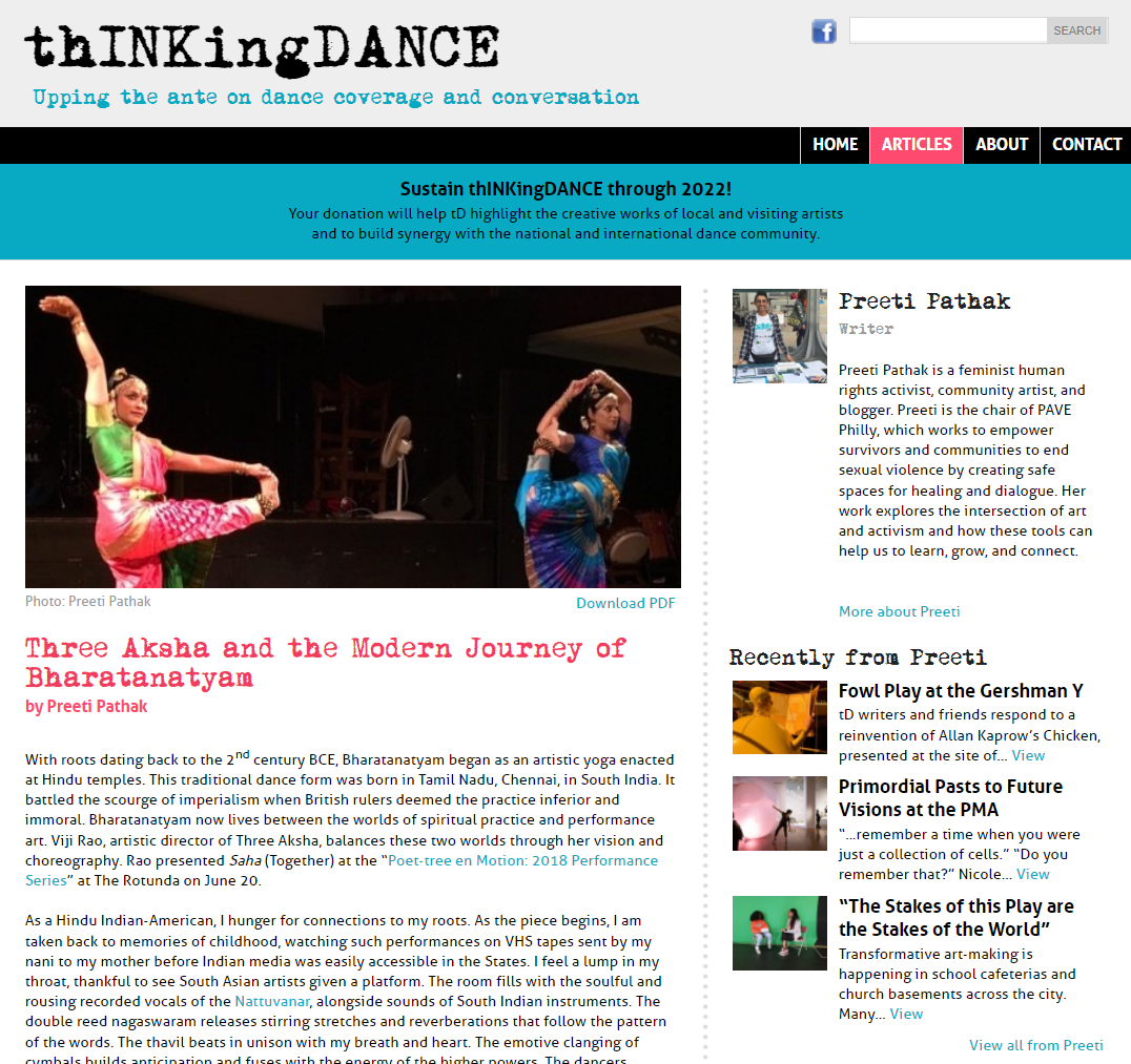 Thinking Dance online publication, article, Artist Preeti Pathak, Preeti's Purpose, @preetispurpose