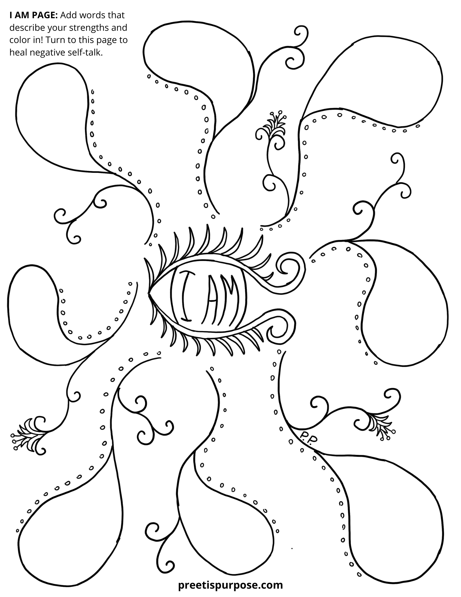 I Am worksheet, self-care, self-love, Artist Preeti Pathak, Preeti's Purpose, @preetispurpose