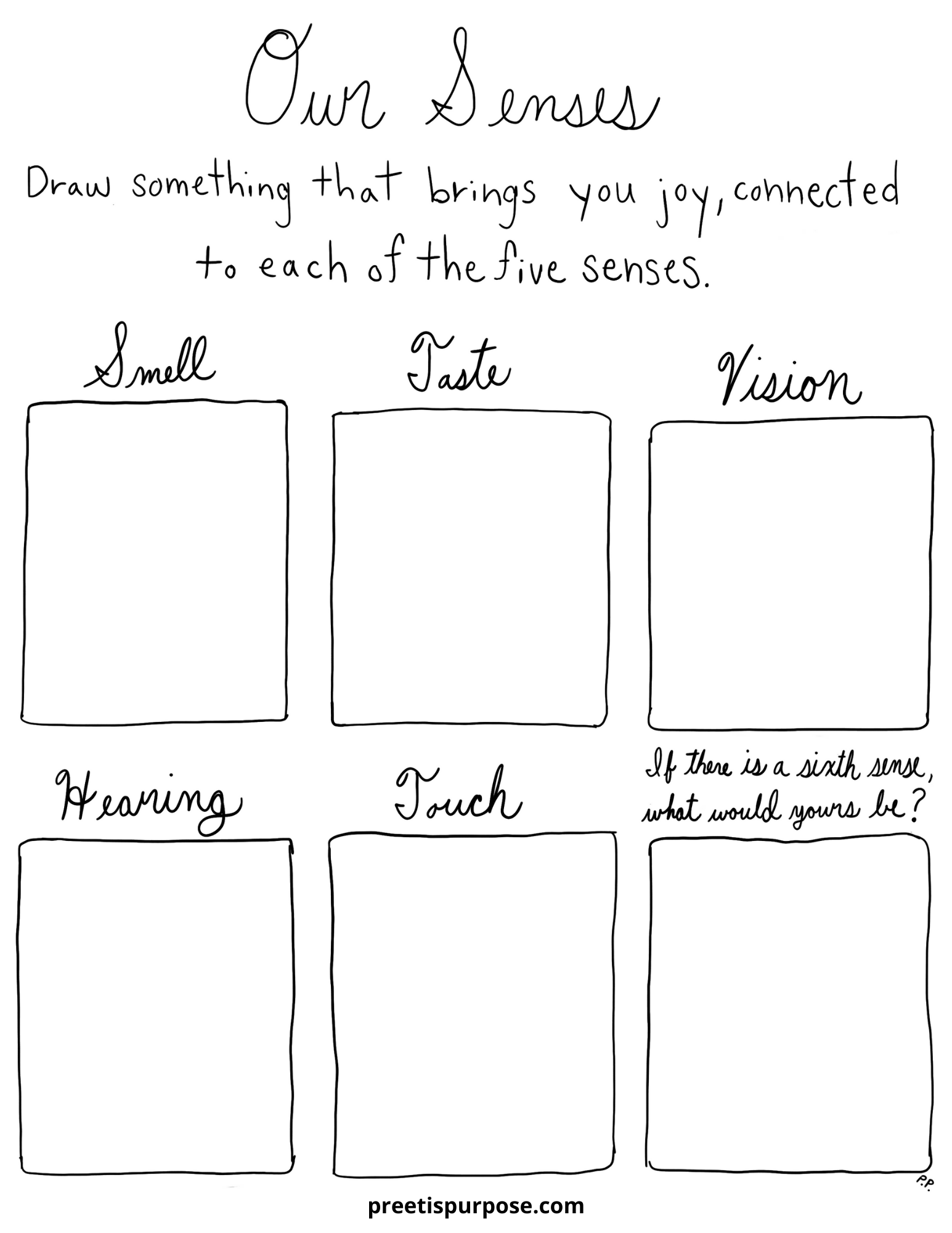 Our Senses handout, grounding exercise and worksheet, calming, Artist Preeti Pathak, Preeti's Purpose, @preetispurpose