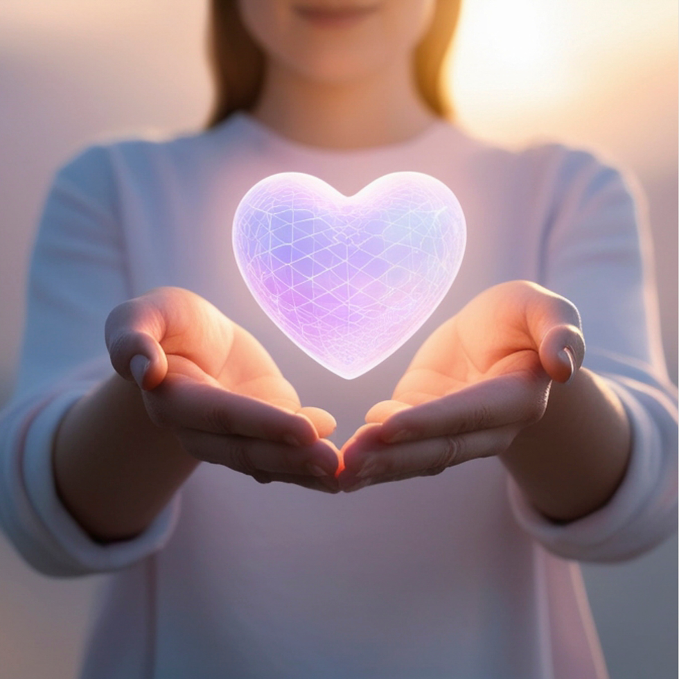 Hands holding a glowing heart shape, representing women’s heart health