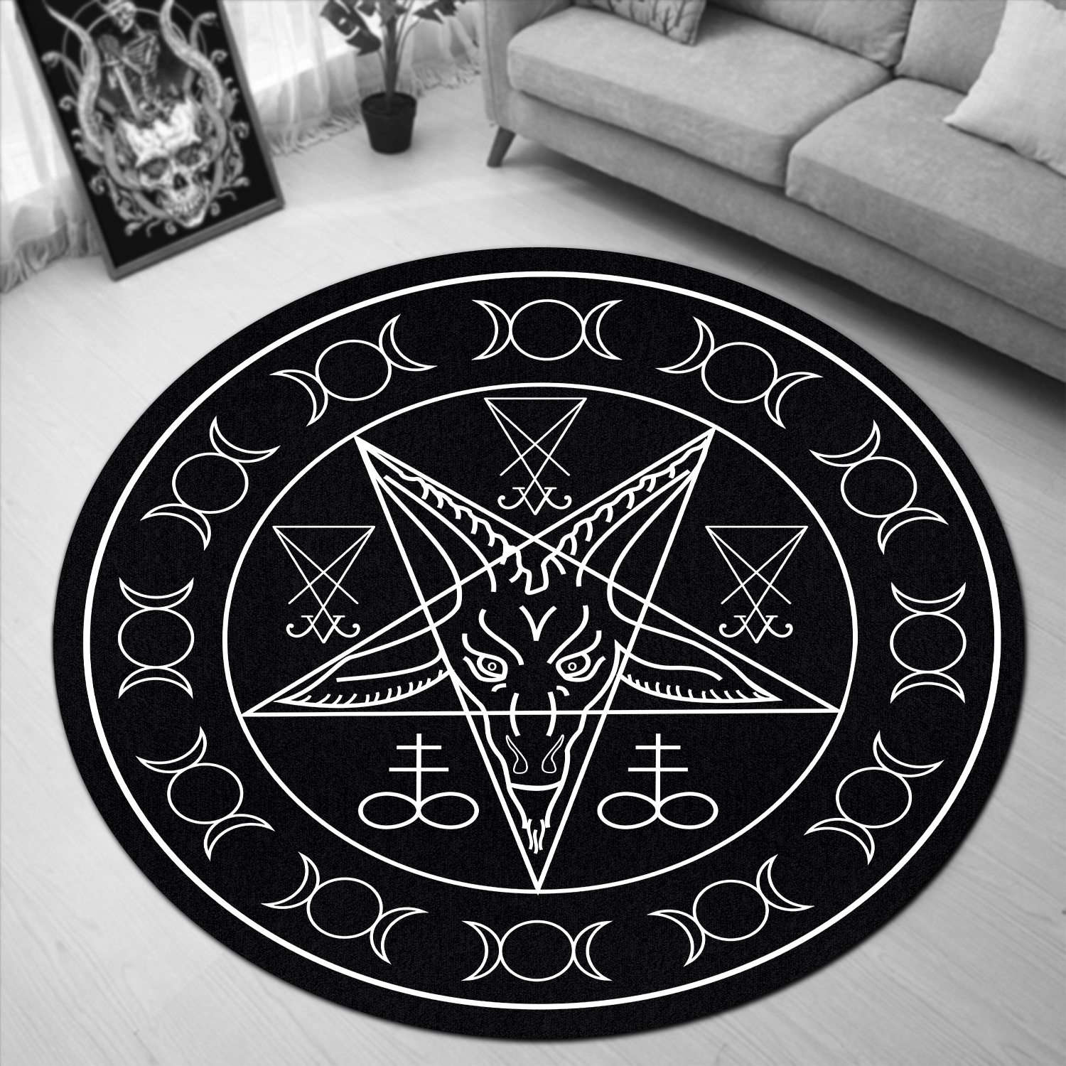 White Baphomet Divination Round Rug