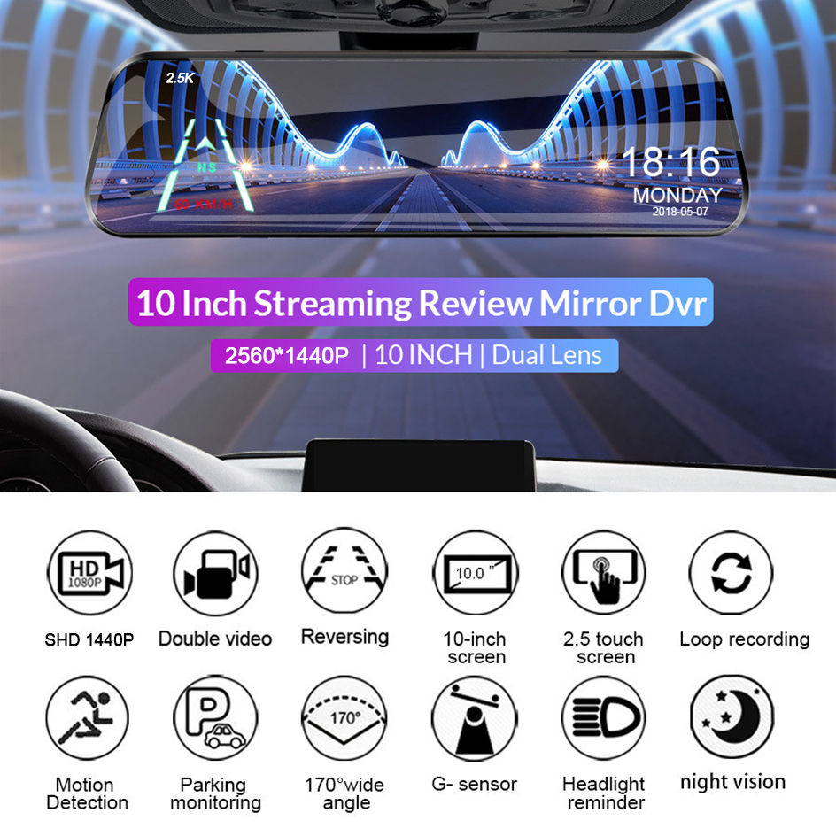 Thumbnail: E-ACE 2.5K Mirror Camera For Car Touch Screen Video Recorder Rearview Mirror 