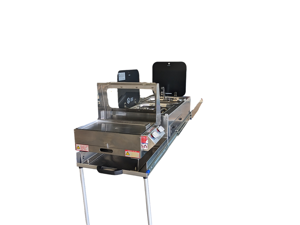 Thumbnail: Caravan outdoor kitchen with Sizzler BBQ, Dometic stove and sink, storage drawer