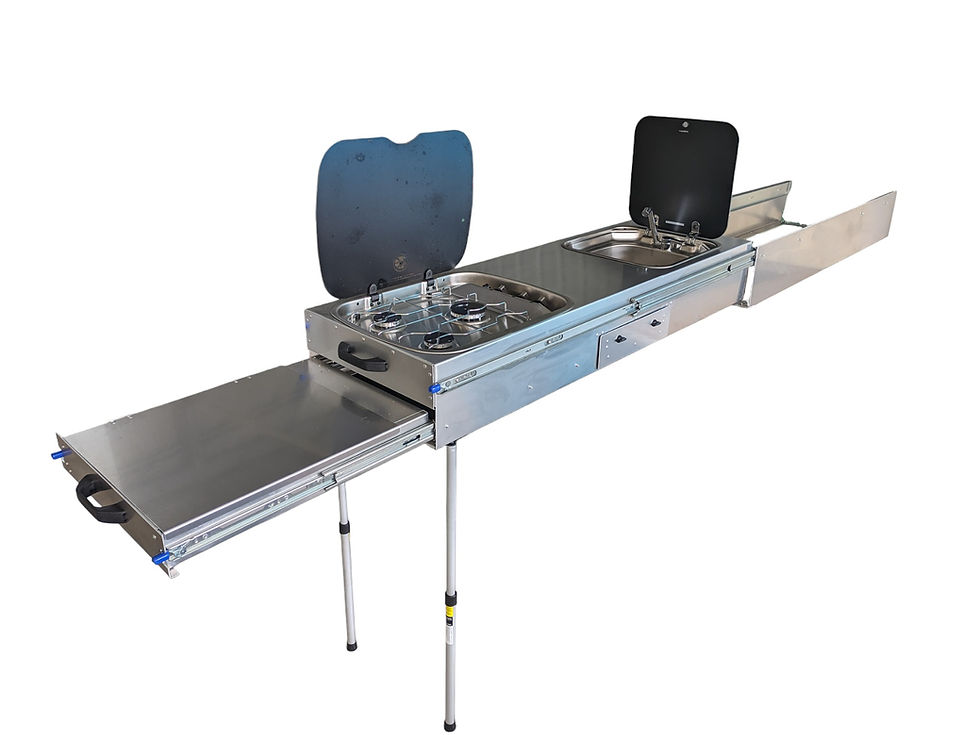 1500mm slide out camp kitchen with Thetford 3 burner stove and Dometic sink, front prep bench area
