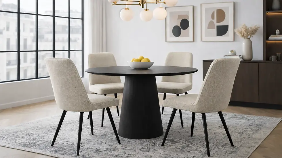 Chaise Kara rembourrée en tissu clair et pieds fins en métal noir, autour d'une table ronde devant une baie vitrée.