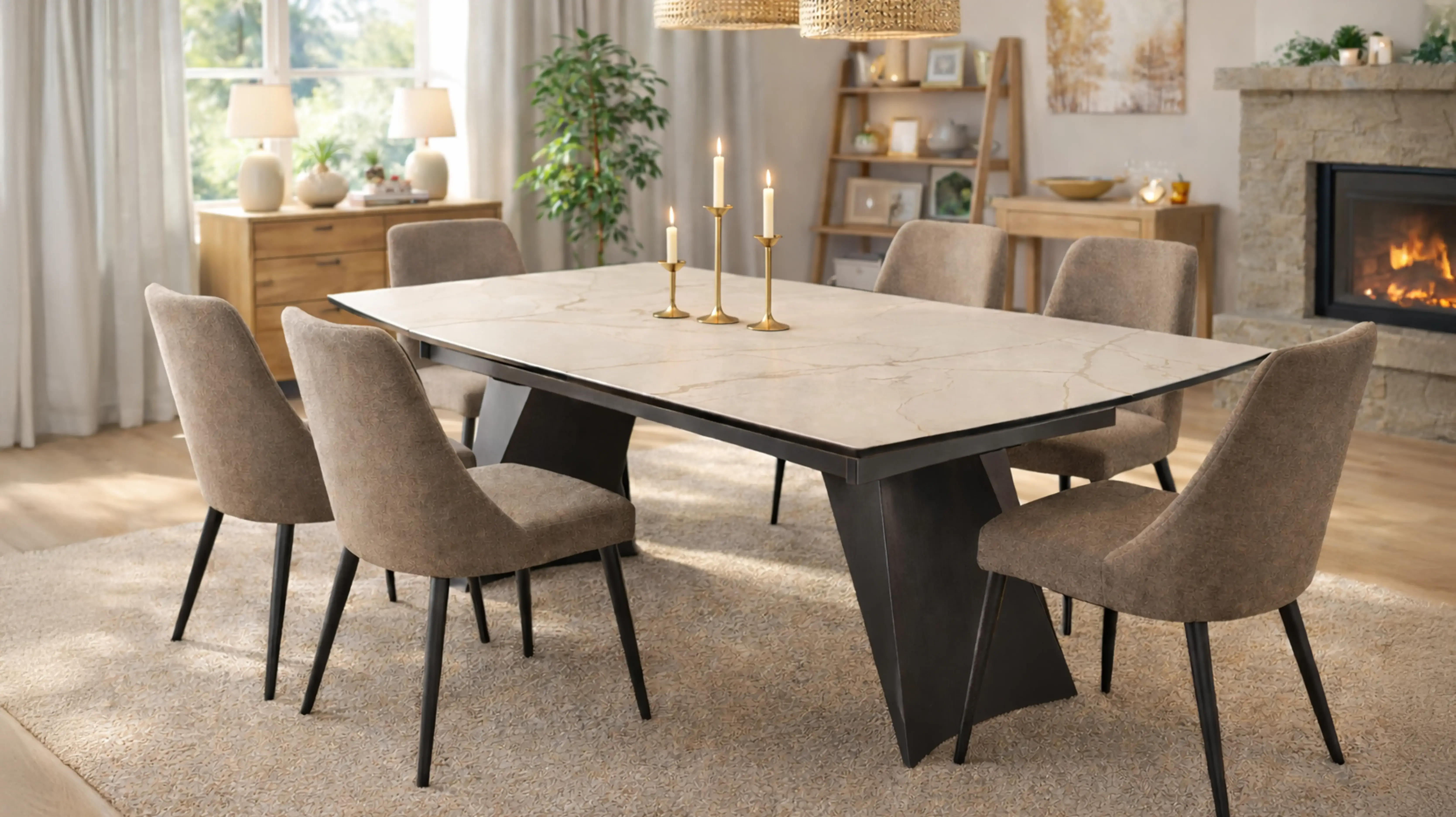 Table Azalée en céramique marbré, style contemporain chic, dans salle à manger chaleureuse aux tons naturels et convivial.