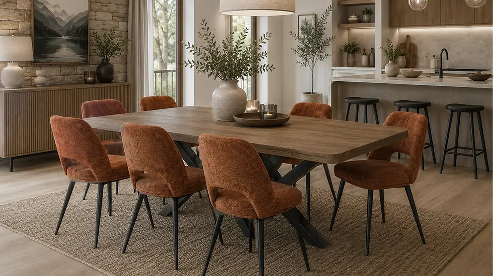 Chaise Roxy terracotta avec une ouverture en bas du dossier, dans une salle à manger aux couleurs naturelles.