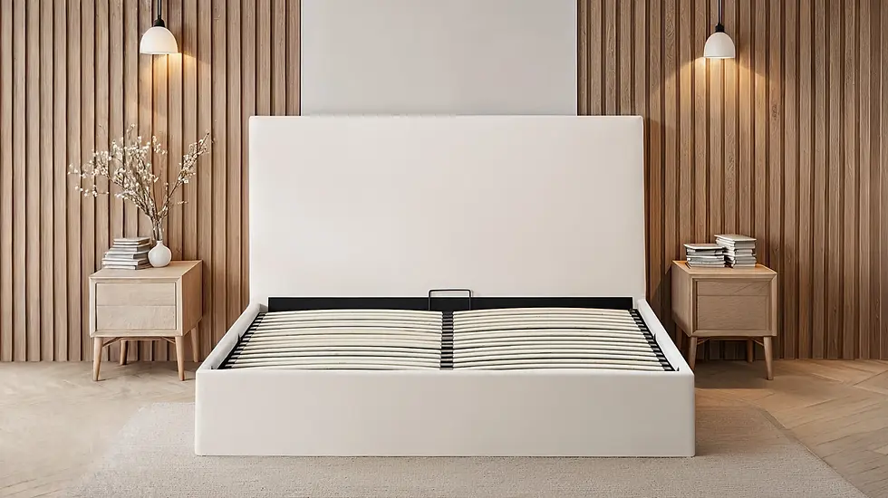 Lit coffre Léa au design épuré avec tête de lit capitonnée, intégré dans une chambre chaleureuse aux finitions bois naturel