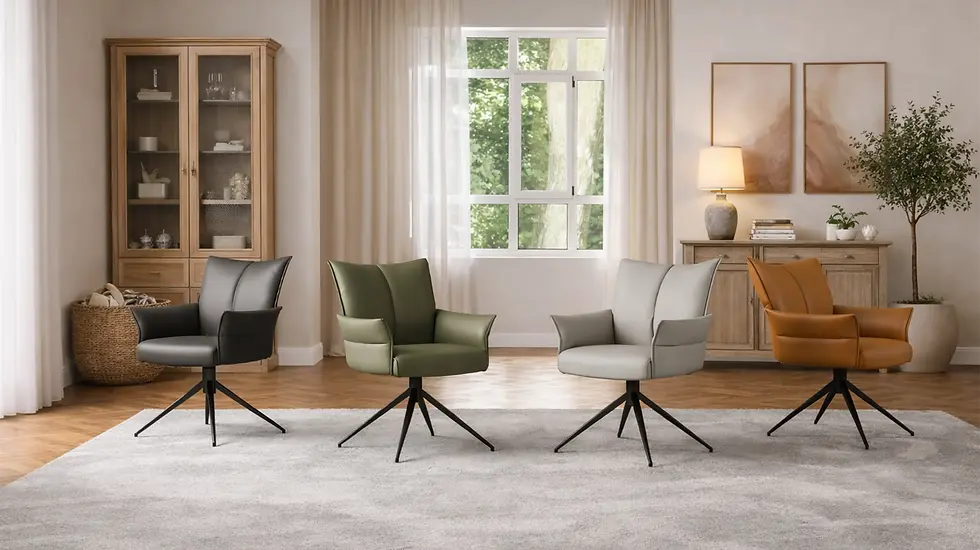Chaises Faustine avec accoudoirs, assises pivotantes, disponibles en cuir de plusieurs coloris dans un intérieur lumineux.