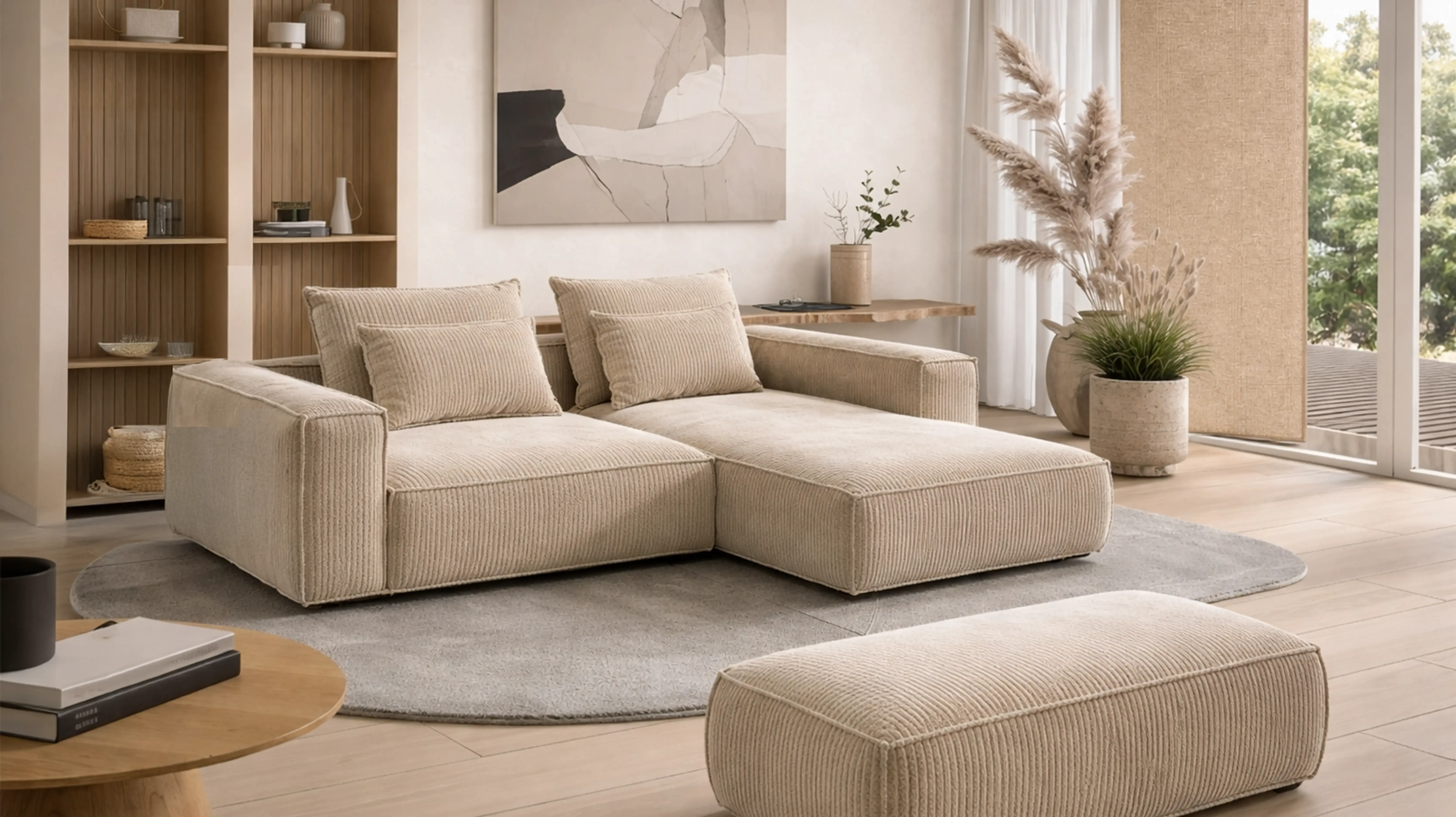 Canapé Dalia en velours côtelé beige avec méridienne et pouf, design bas et modulable dans un salon doux et naturel.