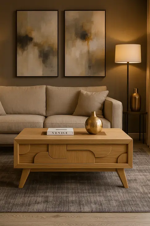 Table basse On-Off Riva en bois avec façade sculptée et lignes graphiques, design élégant dans un salon aux tons chauds et sophistiqués.