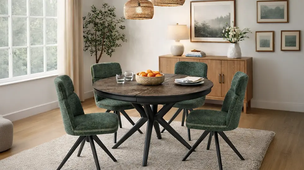 Table Lys ronde extensible, pied central en crois et un plateau en céramique élégant pour des repas conviviaux.