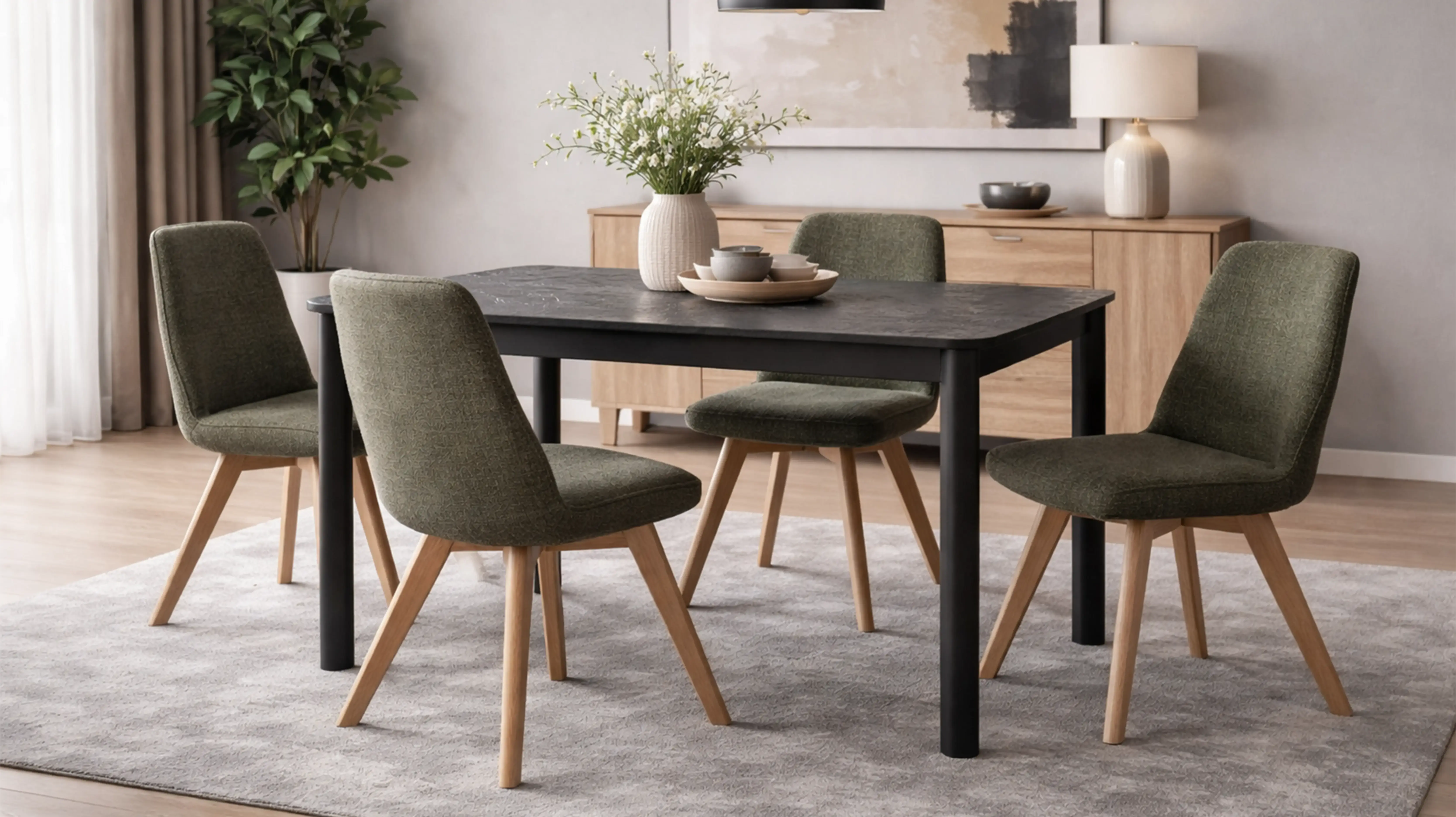Table Tom rectangulaire, plateau en céramique foncé et pieds noirs, idéale pour une salle à manger ou cuisine contemporaine.