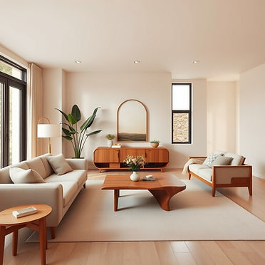 A modern, minimalistic living room interior styled with elegant wooden furniture by Doro.