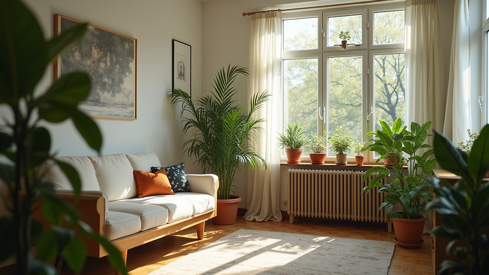 Eye-level view of a cozy living room filled with indoor plants
