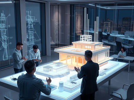 People in a modern office discuss a glowing architectural model on a table, with blueprints on glass walls and cityscape visible outside.