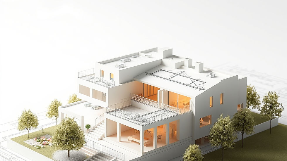 Minimalist architectural model of a white building with warm-lit windows. Surrounded by trees and grass, set on blueprint paper. Modern design.