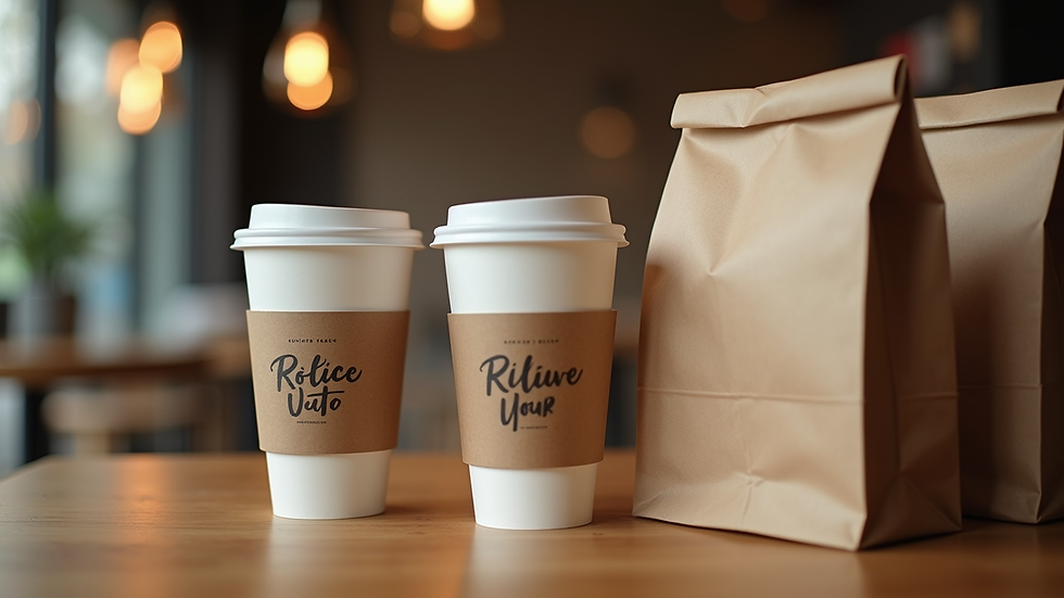Close-up view of branded coffee cups and takeaway bags on a cafe counter