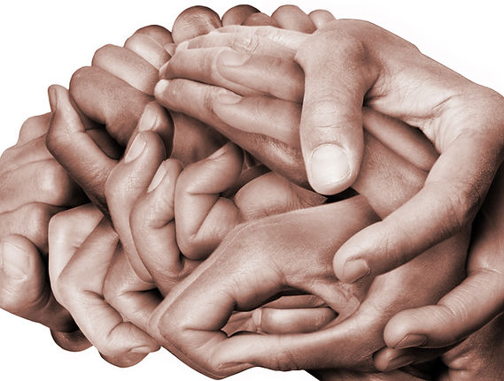 A human brain made with hands, different hands are wrapped together to form a brain. Color