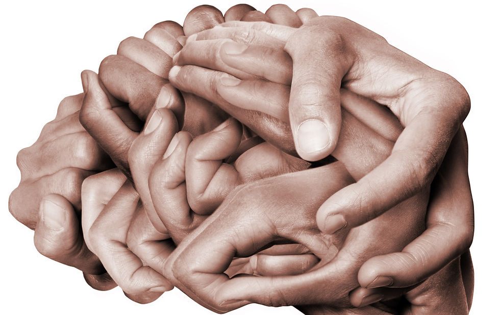 A human brain made with hands, different hands are wrapped together to form a brain. Color