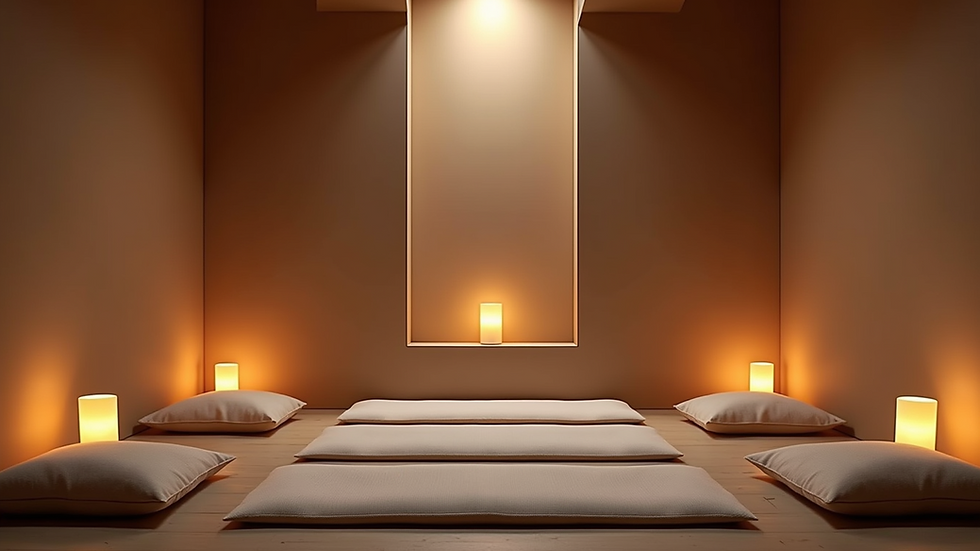 Eye-level view of a serene meditation space with soft lighting