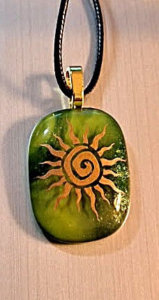 Thumbnail: Dichroic Fused Glass Pendant with Gold Sun Decal