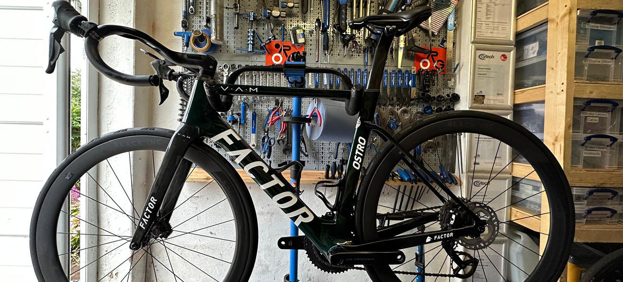 Factor bicycle in a work stand